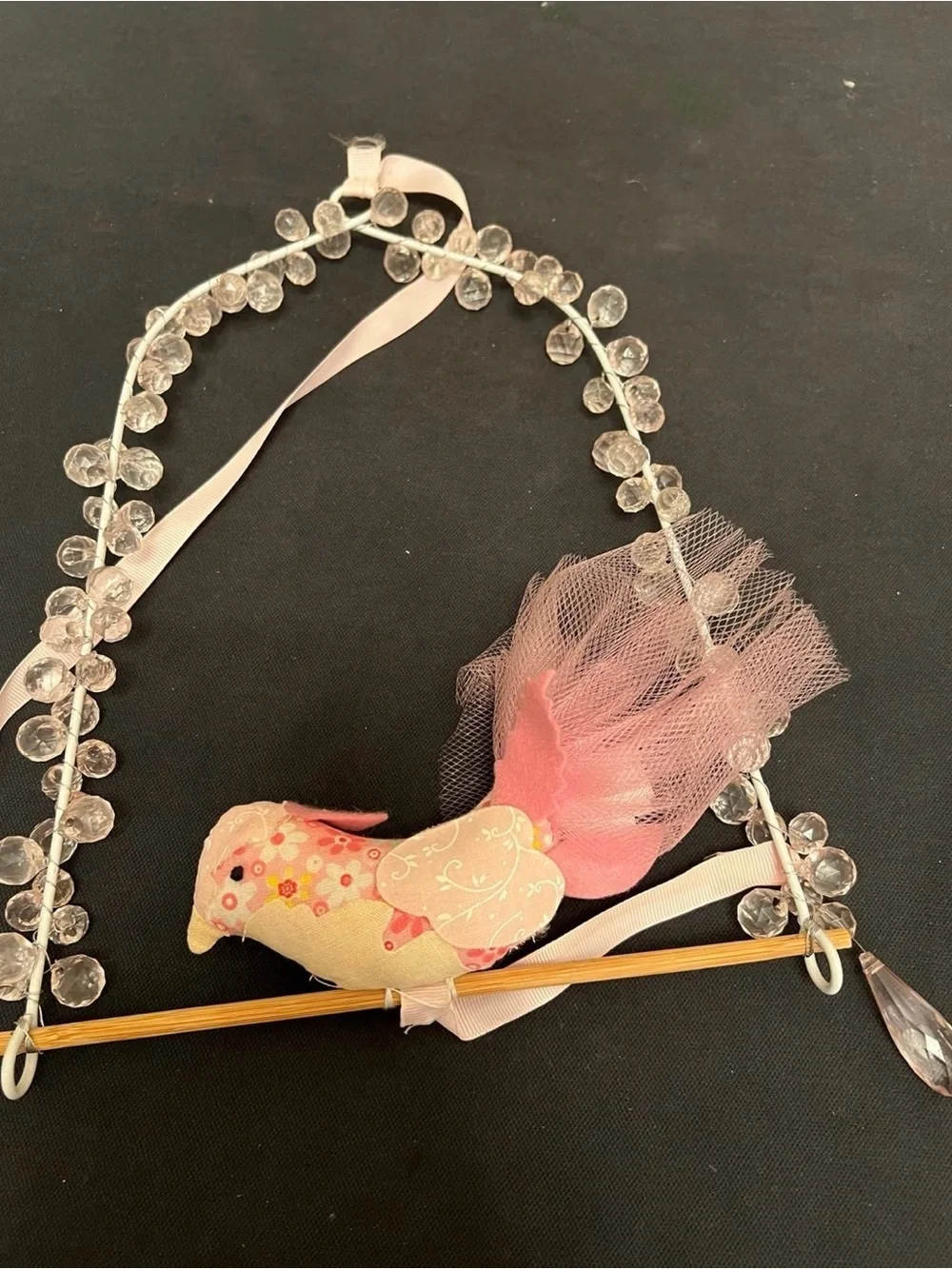 Hanging crystal and plush bird perch embellished mobile ceiling decor y2k